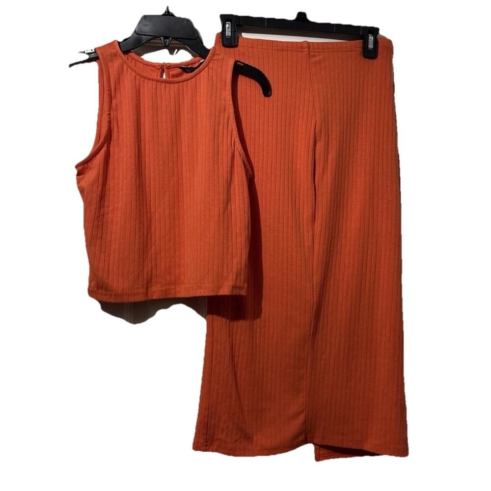 Pretty Garden Ribbed Knit 2 Piece Set Tank Top Midi Skirt Slit Orange Size Small